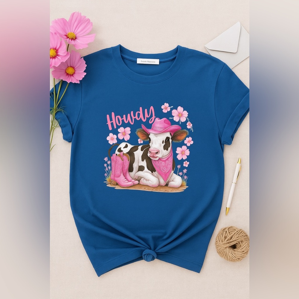 Blue women Shirt with Pink Cow Design
